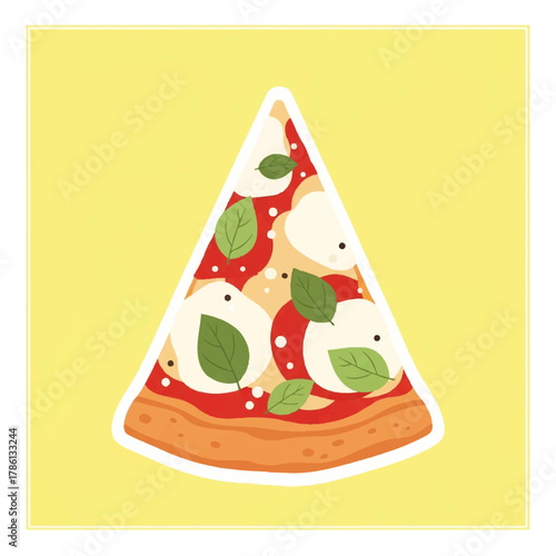 A delicious slice of Margherita pizza with mozzarella, basil, and tomato sauce, presented in a cute vector illustration style