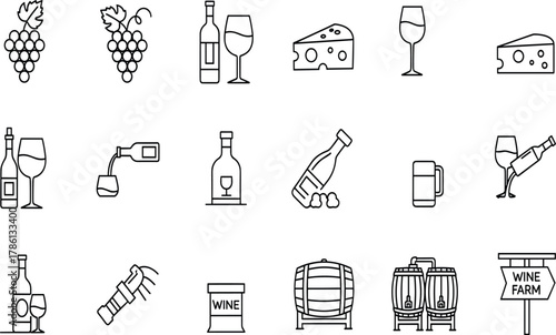 Wine icons, grape, bottle, glass, cheese, corkscrew, barrel, vineyard, wine farm, line art, black and white, minimal, elegant, winery, alcohol, drink, celebration, beverage, fermentation, wine culture