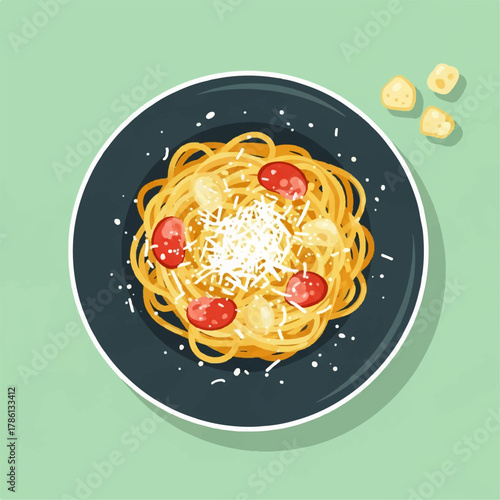Delicious spaghetti with cherry tomatoes and grated cheese served on a dark plate on a pastel green background, artfully arranged for a pleasing aesthetic