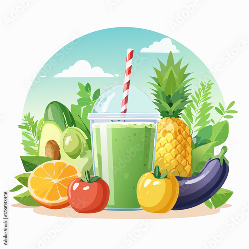 Healthy food vector banner — fresh vegetables, fruits, smoothies — soft pastel colors, nature