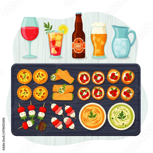 Assortment of delicious appetizers and refreshing drinks laid out on a wooden platter for a delightful gathering