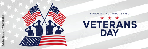 Veterans Day banner with a soldier silhouette saluting, flanked by American flags, set against a background of stars and stripes. Honors veterans and service members who served the USA.