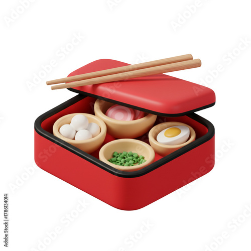 A visually appealing 3D render of a bento box filled with various delightful food items, including dumplings, boiled egg halves, and green peas, presented with chopsticks resting on top