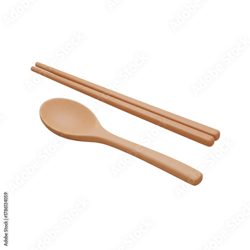 Minimalist 3D illustration of wooden chopsticks and a spoon, perfect for culinary or Asian-themed designs