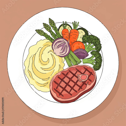 A perfectly grilled steak dinner served with creamy mashed potatoes and a colorful assortment of fresh, healthy vegetables, offering a balanced and delicious meal for a satisfying culinary experience