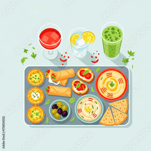 Delicious Appetizer Platter with Beverages Hummus, Bruschetta, and Refreshing Drinks for a Gathering