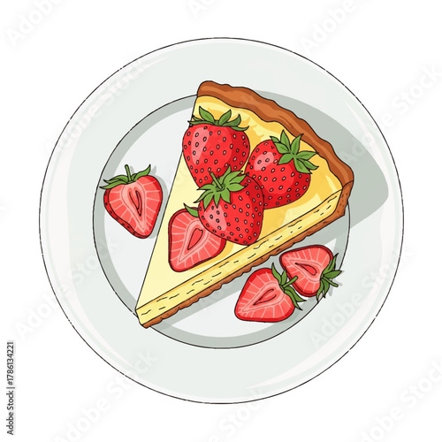 Delicious vector illustration of a creamy strawberry cheesecake slice, garnished with fresh red berries, served on a white plate. A tempting, perfectly prepared sweet dessert
