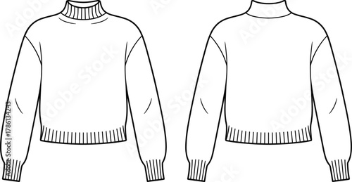 Mock neck sweater vector fashion flat sketch with ribbed cuffs and hem front and back view minimalist clothing design illustration