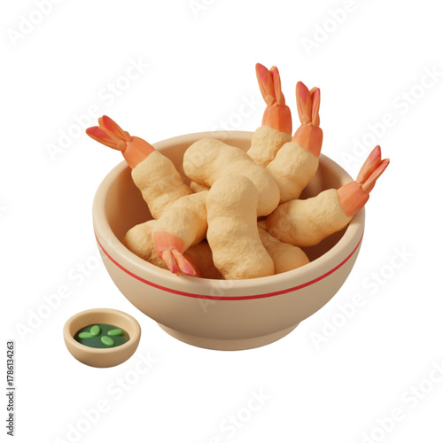Stylized 3D illustration of Japanese ebi tempura shrimp in a bowl with dipping sauce. Isolated vector concept icon of a delicious fried seafood appetizer on a white background, claymation design