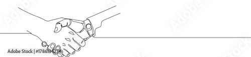 Continuous one line drawing of a human hand shaking a robot hand. Concept of artificial intelligence, technology and future partnership