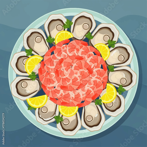 Fresh seafood platter with oysters, shrimp, and lemon wedges, artfully arranged on a blue plate