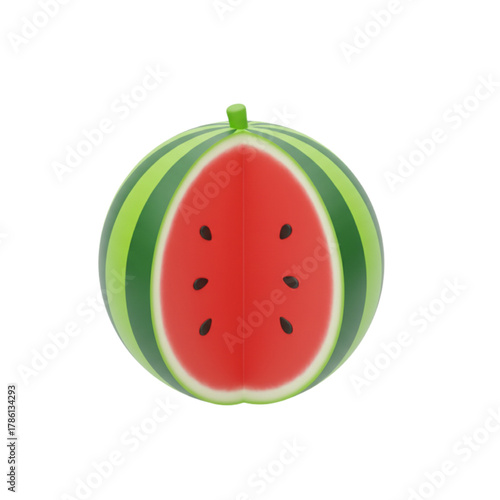 A vibrant 3D illustration of a half-cut watermelon, showcasing its bright red flesh and black seeds against a clean white background, perfect for summer themes and healthy eating
