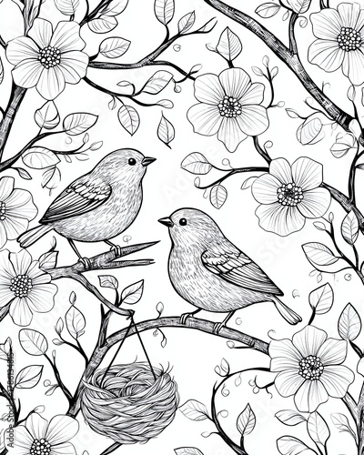 Birds and flowers in intricate line art.