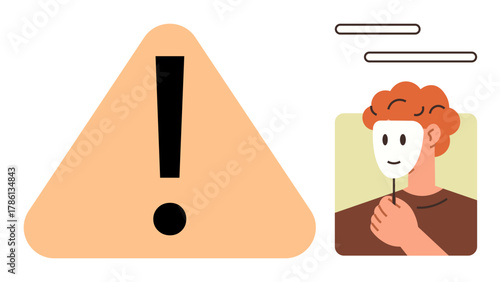 Large exclamation mark inside a triangle alongside a person holding a deceptive mask. Ideal for caution, warning, danger, deception, hidden identity, alertness, awareness. Simple flat metaphor