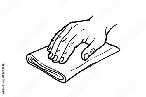 A hand is wiping a folded cloth with a white background.