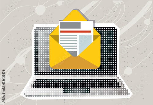Retro Halftone Collage Laptop and envelope e-mail list building illustration. Vintage halftone dotted effect retro collage cut-out element. Modern photo collage 