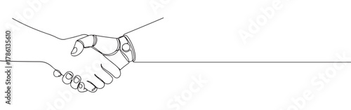 Continuous one line drawing of a human hand shaking a robot hand. Concept of artificial intelligence, technology and future partnership