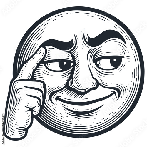 A clever or cunning thinking face character tapping his temple. The "roll safe" meme emoji in a vintage, classic black and white woodcut art style.