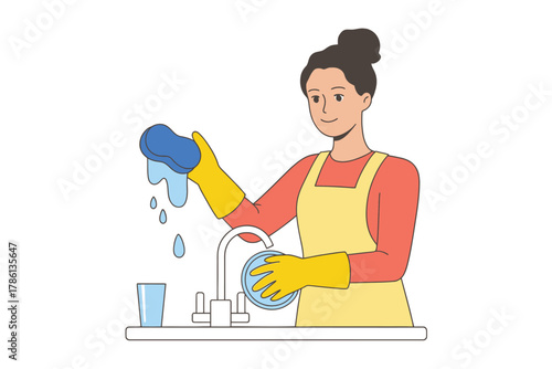 A person wearing yellow gloves is washing dishes at a sink with a sponge.