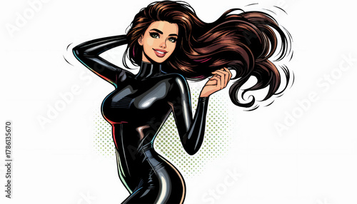 smiling woman in a shiny black bodysuit posing confidently with flowing hair and a playful attitude. Generative ai vector colorful pop art illustration.
