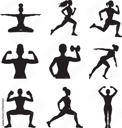 Silhouettes of women exercising yoga running lifting weights woman exercise