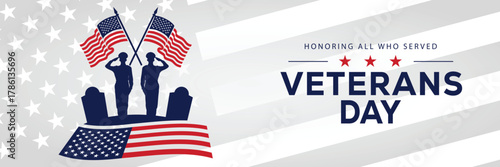 Veterans Day banner with a soldier silhouette saluting, flanked by American flags, set against a background of stars and stripes. Honors veterans and service members who served the USA.