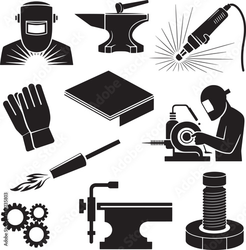 Black vector illustrations of industrial tools and equipment welder anvil