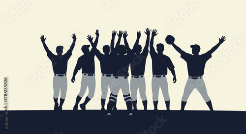 Victorious baseball team celebrating win with arms raised in triumph, capturing spirit of teamwork, achievement, and sportsmanship, perfect for sports marketing