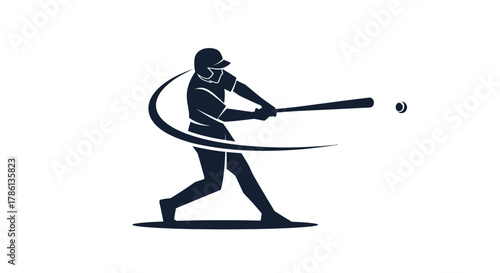 Dynamic baseball player silhouette swinging bat with energy trail, perfect for sports branding, team logos, or athletic event promotions. Powerful action shot