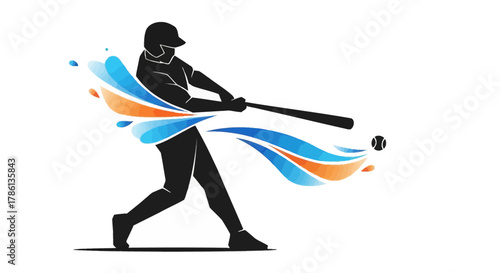 Dynamic baseball player swinging bat with energetic stylized splash trail, perfect for sports branding, youth programs, or athletic designs, originally vector