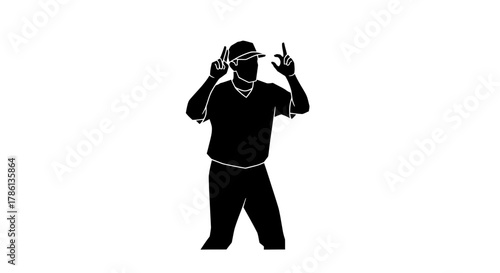 Silhouette of a person with hands raised and fingers pointed