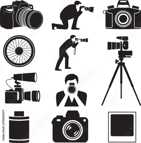 Camera equipment and photographers in silhouette lens tripod
