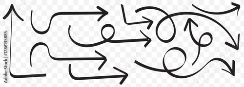 Hand Drawn Curved Arrows Collection. Vector Arrow Set. Doodle Sketch Arrows. Curved, Swirl, Loop, Swoosh, Directional, Pointer, Marker, Isolated on Transparent Background. EPS 10.