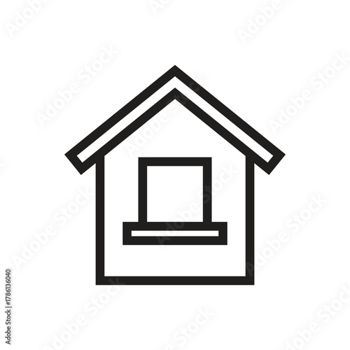 An outline of a house featuring a peaked roof and a square window with a sill