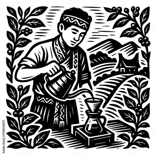 Farmer Pouring Coffee in Plantation Field Woodcut Illustration