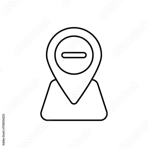 An outline of a location pin with a negative sign inside positioned on top of a map shape