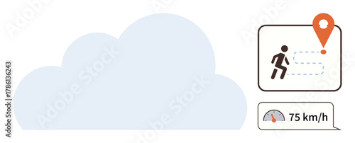Cloud with a running figure, destination pin, path, and speedometer. Ideal for navigation, fitness, health tracking, cloud computing, performance analytics automation technology simple flat