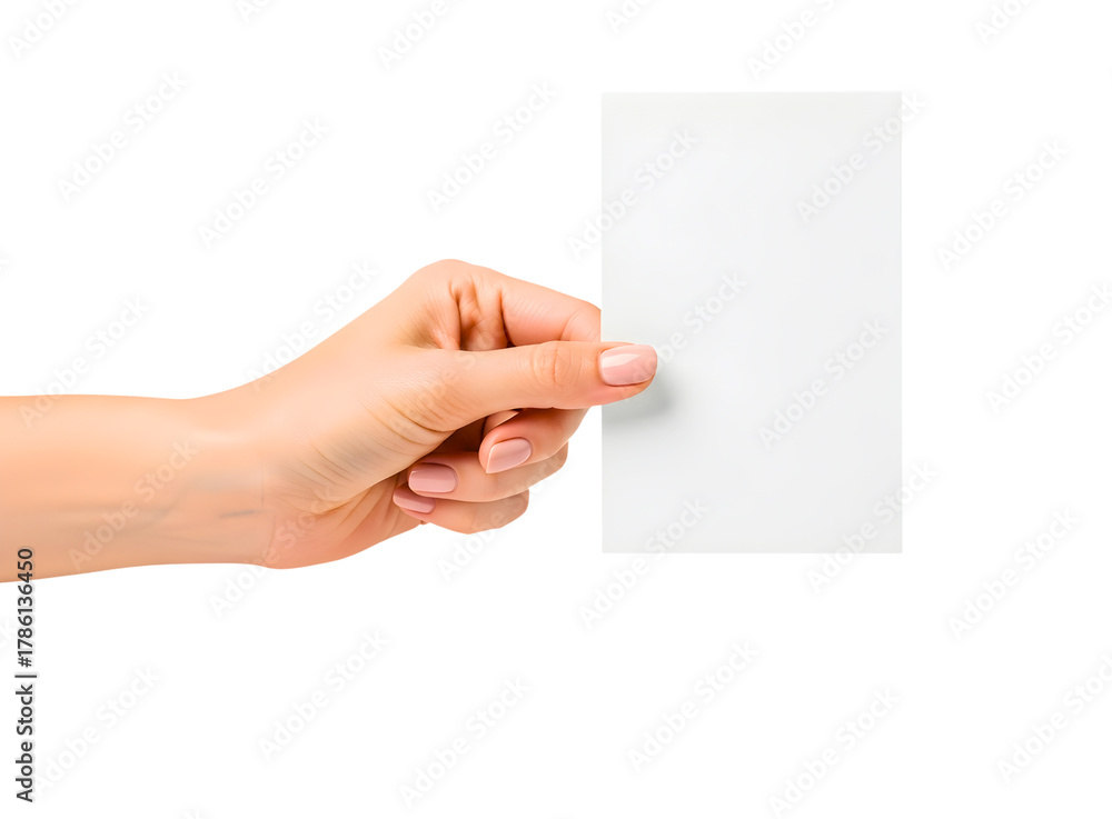 Obraz premium Hand holding a blank white card isolated on transparent background