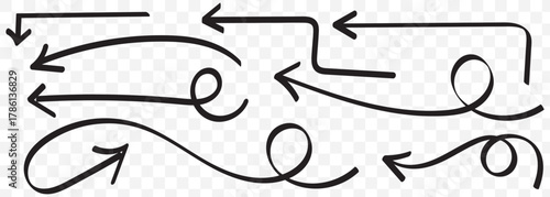 Doddle arrow set. Crayon arrow sketches collection. Hand drawn arrow illustration. Line sketch Hand drawn arrow decoration element icon set vector illustration. EPS 10.