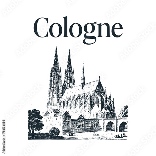 Old CologneTravel engraved black white illustration	