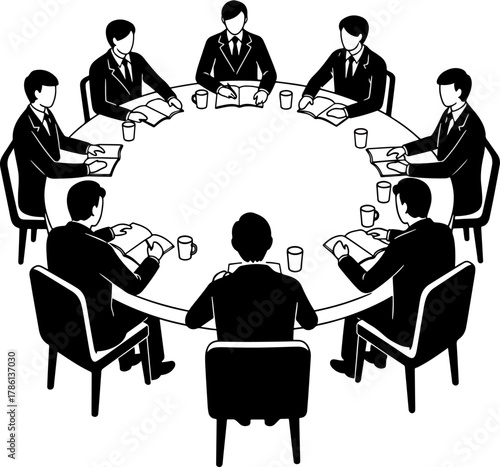 Business Meeting Around a Circular Table Discussion People Working Together in Suits Collaboration and Teamwork Illustrated