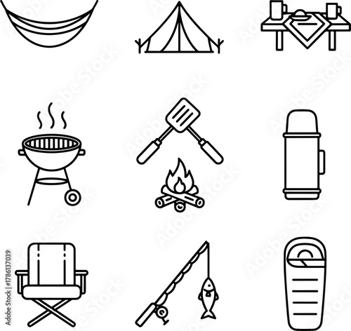 Camping and Outdoor Activities Icons Set Featuring Hammock Tent Picnic Table Grill Campfire Thermos Chair Fishing Rod and Sleeping Bag