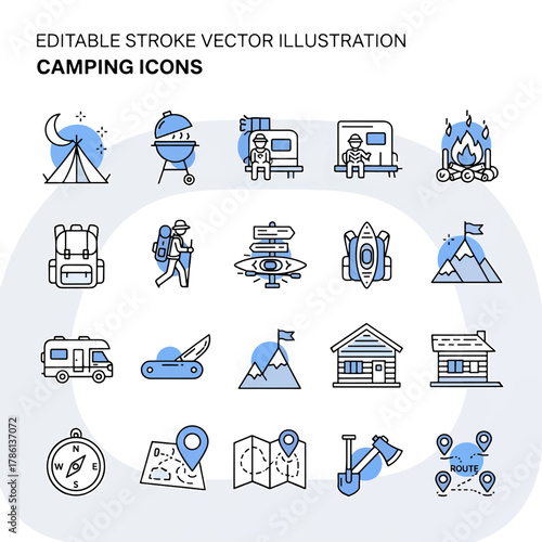 Camping Icons Collection Editable Stroke Vector Illustration Featuring Tent Grill Camperboat Fire Backpack Kayak Mountain Cabin and Compass for Outdoor Adventure