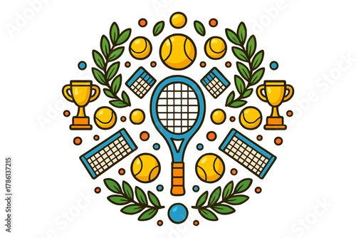 Tennis Mandala Art. Tennis racket in the center with balls, nets, trophies, and laurel leaves arranged in a decorative mandala,