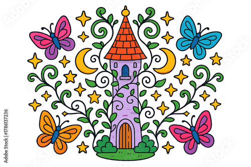 Whimsical Tower Mandala. Fairy tale tower in the center with butterflies, vines, moons, and stars forming a whimsical mandala