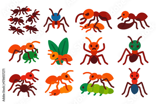 Predatory Ant Icons. Flat vector icons of ants as predators: army ant swarm, trap-jaw ant, ant biting insect, cooperative hunting,