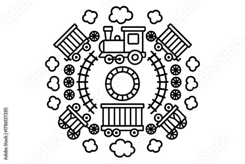 Symmetrical Train Design. Train engine in the center with wagons, tracks, wheels, and smoke puffs arranged in a decorative