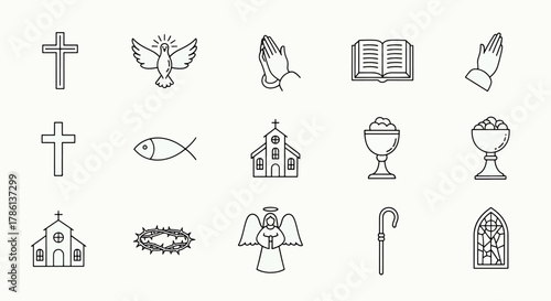 Christianity Religious Symbols Icons Collection Vector Set Praying Hands Dove Cross Church Holy Bible and Angel