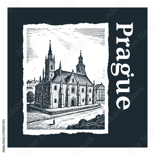 Old Prague Travel engraved black white illustration	