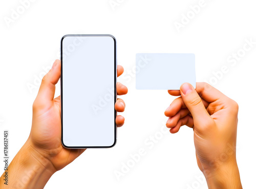 Person holding a smartphone and a blank business card isolated on transparent background